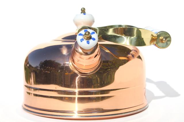 photo of new old stock vintage copper tea kettle, shiny copper teapot w/ blue & white china handle #5