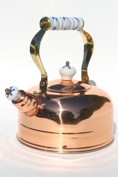 catalog photo of new old stock vintage copper tea kettle, shiny copper teapot w/ blue & white china handle