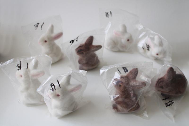 photo of new old stock vintage flocked plastic Easter bunnies, brown & white rabbits lot #1