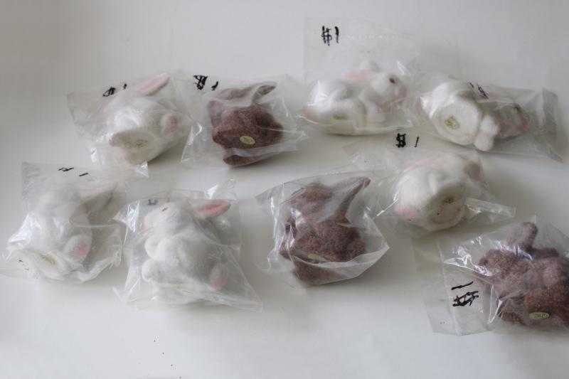 photo of new old stock vintage flocked plastic Easter bunnies, brown & white rabbits lot #2