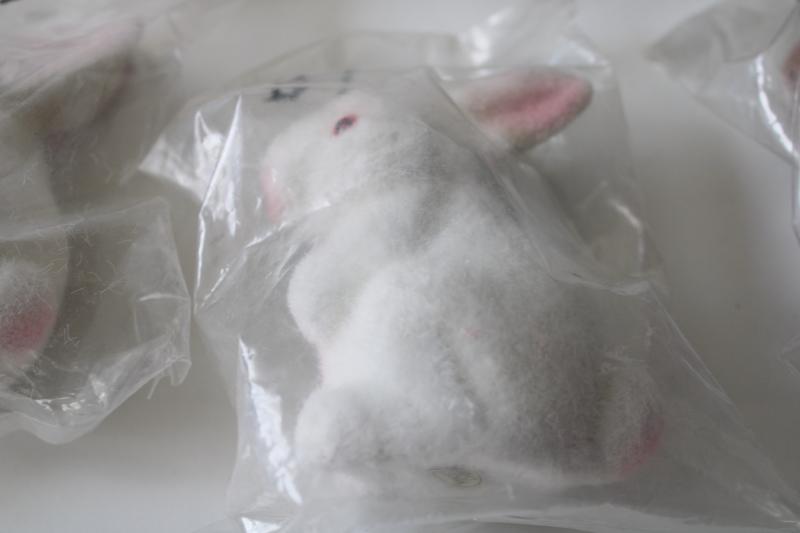 photo of new old stock vintage flocked plastic Easter bunnies, brown & white rabbits lot #4