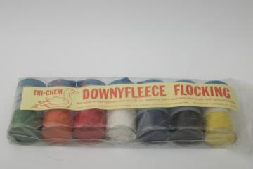 catalog photo of new old stock vintage flocking powder for use over fabric paint to make retro velvet flocked designs