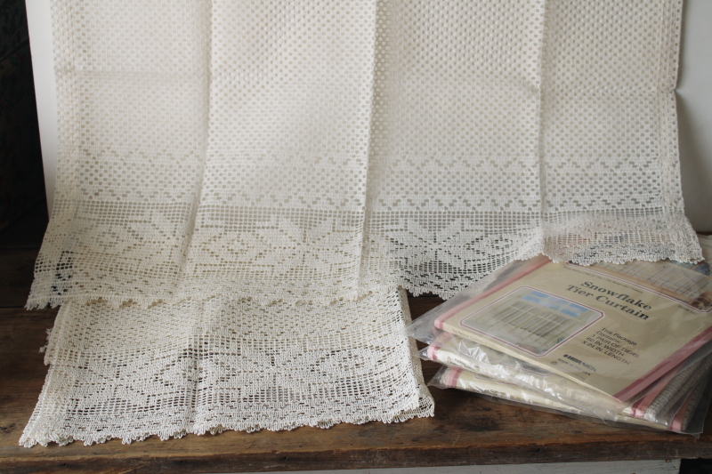 photo of new old stock vintage ivory lace curtain panels, cottage cafe curtains winter snowflake border  #1