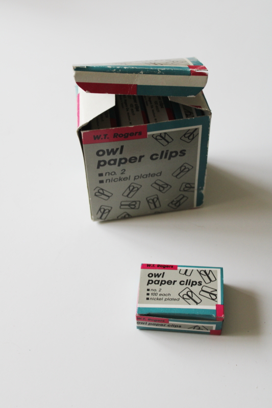 photo of new old stock vintage owl shape paper clips steel metal original boxes W T Rogers Madison Wisconsin  #1