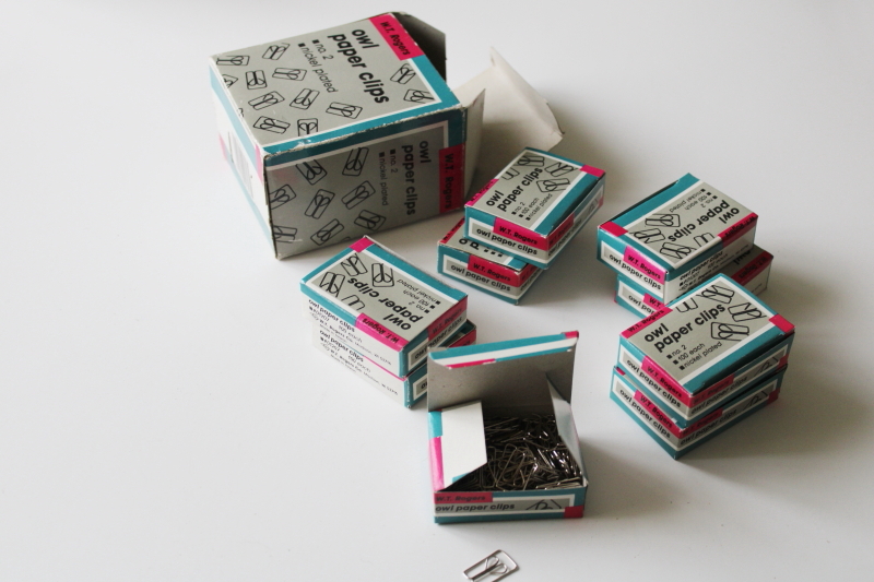 photo of new old stock vintage owl shape paper clips steel metal original boxes W T Rogers Madison Wisconsin  #2