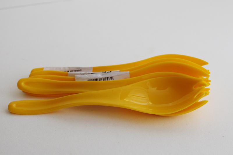 photo of new old stock vintage plastic sporks, Scandinavian mod style utensils bright yellow #4