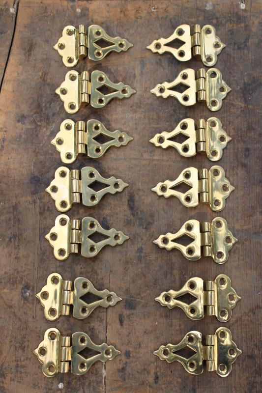 photo of new old stock vintage polished brass cabinet door hinges, surface mount hardware #1