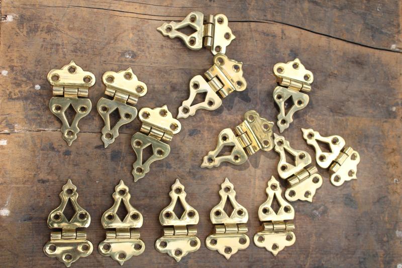 photo of new old stock vintage polished brass cabinet door hinges, surface mount hardware #2