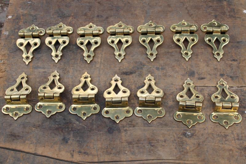 photo of new old stock vintage polished brass cabinet door hinges, surface mount hardware #3