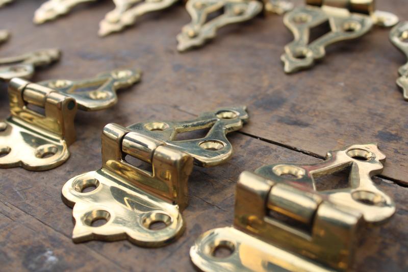 photo of new old stock vintage polished brass cabinet door hinges, surface mount hardware #4