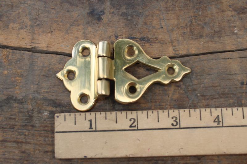 photo of new old stock vintage polished brass cabinet door hinges, surface mount hardware #11