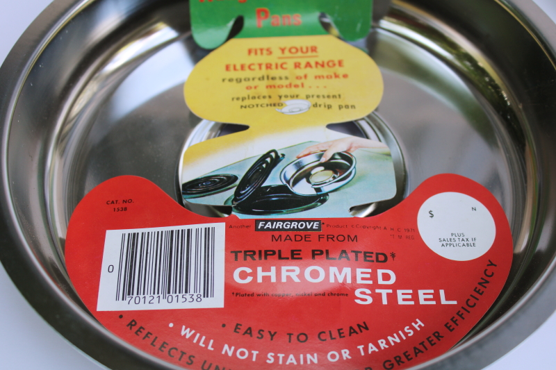photo of new old stock vintage range reflector pans for electric stove burners, universal fit w/ instruction labels #3