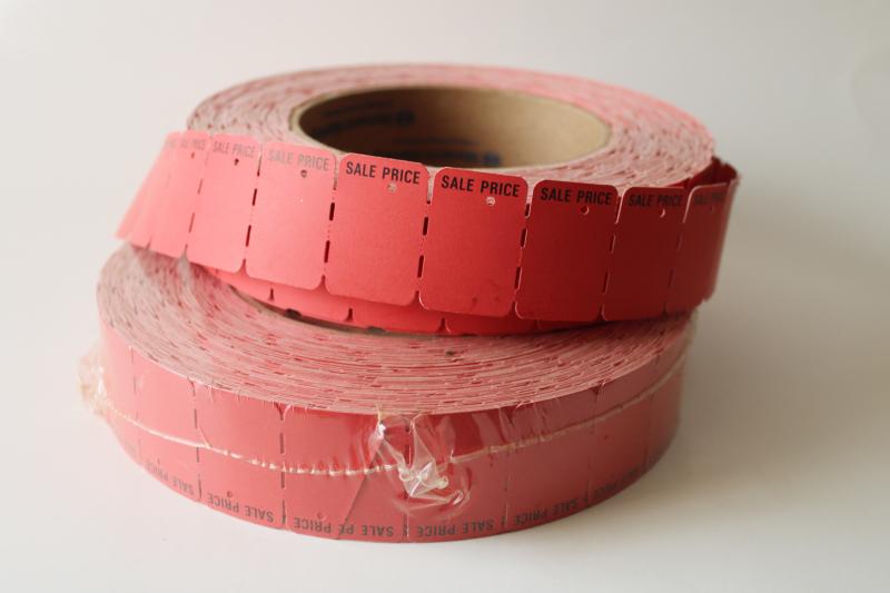 photo of new old stock vintage red paper Sale Price tags, hang tag label rolls #1