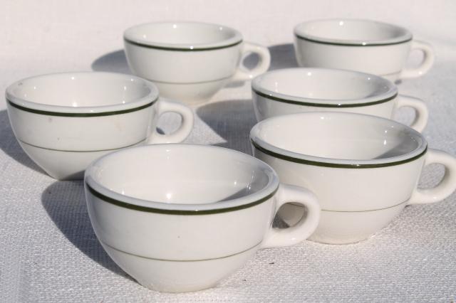 photo of new old stock vintage restaurant china coffee cups, heavy white ironstone w/ green band #1