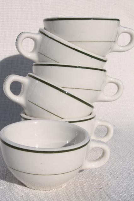 photo of new old stock vintage restaurant china coffee cups, heavy white ironstone w/ green band #2