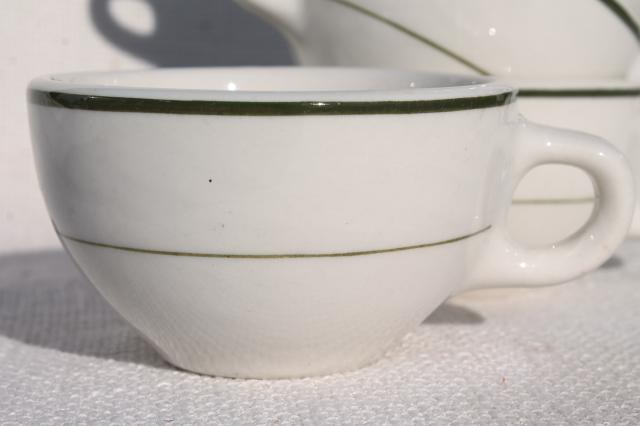 photo of new old stock vintage restaurant china coffee cups, heavy white ironstone w/ green band #3