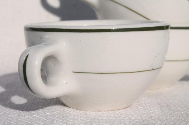 photo of new old stock vintage restaurant china coffee cups, heavy white ironstone w/ green band #4