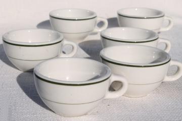 catalog photo of new old stock vintage restaurant china coffee cups, heavy white ironstone w/ green band