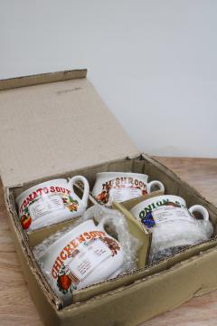 new old stock vintage set of ceramic soup mug bowls, soup recipes print