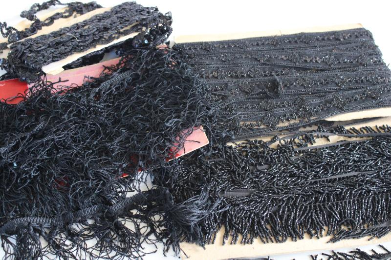 photo of new old stock vintage sewing notions, jet black dress trims, beaded fringe & braid #1