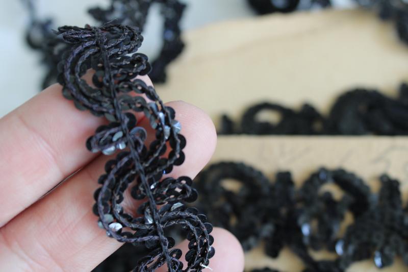 photo of new old stock vintage sewing notions, jet black dress trims, beaded fringe & braid #9