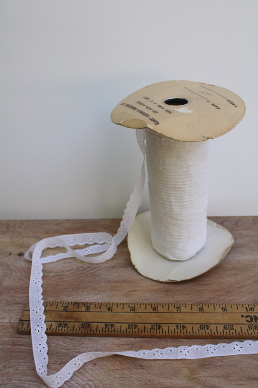 photo of new old stock vintage sewing trim, huge spool of cotton eyelet flat lace edging #1