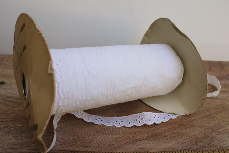 photo of new old stock vintage sewing trim, huge spool of cotton eyelet flat lace edging #4