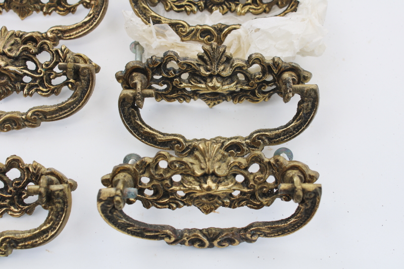 photo of new old stock vintage solid brass green man design ornate drawer pulls handles #2