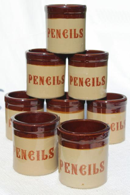 photo of new old stock wholesale 70s 80s vintage pencil holders, stoneware pottery crocks labeled pencils #1