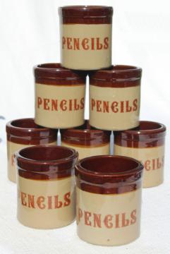 photo of new old stock wholesale 70s 80s vintage pencil holders, stoneware pottery crocks labeled pencils