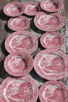 catalog photo of new red transferware china plates & bowls 17th century Staffordshire engraving