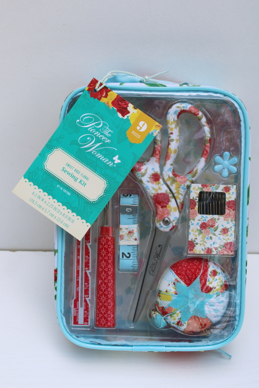 photo of new w/ tags Pioneer Woman sewing kit set Sweet Rose floral print scissors, pincushion etc #1