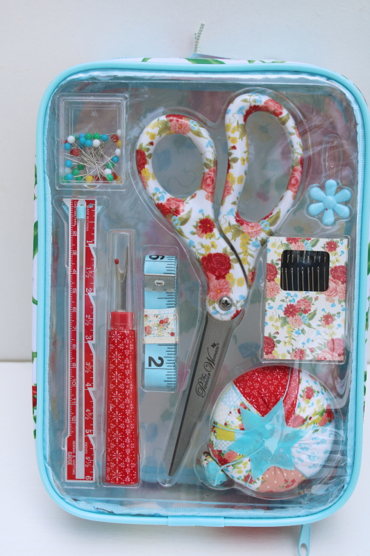 photo of new w/ tags Pioneer Woman sewing kit set Sweet Rose floral print scissors, pincushion etc #2