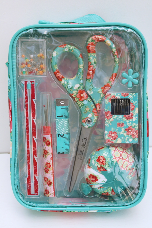 photo of new w/ tags Pioneer Woman sewing kit set Vintage Floral print scissors, pincushion etc #2