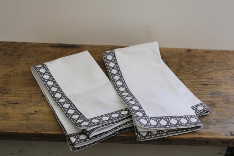 photo of new w/ tags Williams Sonoma cotton napkins, cane pattern embroidery grey on white #4