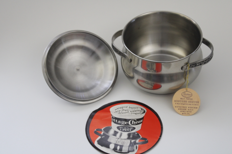 photo of new w/ tags mid century mod vintage stainless party server, covered bowl for dip or sour cream #3
