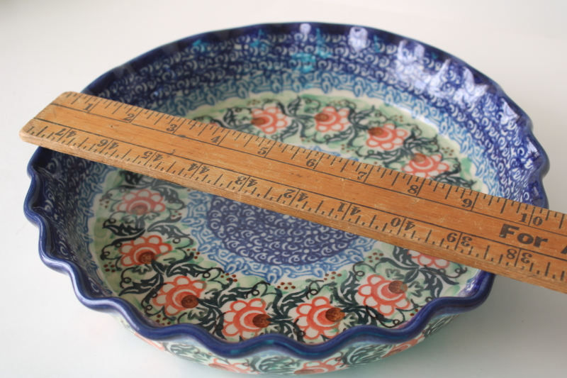 photo of new w/ label vintage Polish pottery blue waves Unikat 1383 pie pan or quiche dish Danuta Knapik  #2