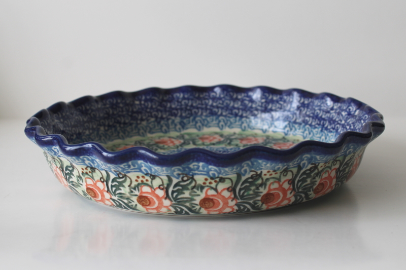 photo of new w/ label vintage Polish pottery blue waves Unikat 1383 pie pan or quiche dish Danuta Knapik  #3