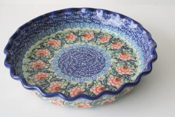 catalog photo of new w/ label vintage Polish pottery blue waves Unikat 1383 pie pan or quiche dish Danuta Knapik 
