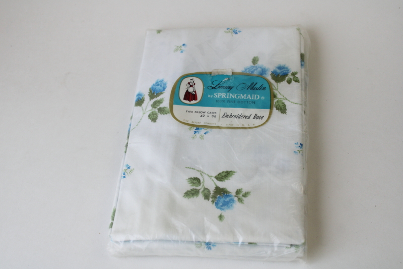photo of new w/ label vintage pure cotton pillowcases blue floral print Springmaid luxury muslin 1950s  #1