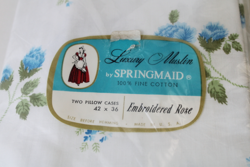 photo of new w/ label vintage pure cotton pillowcases blue floral print Springmaid luxury muslin 1950s  #2