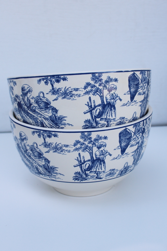 photo of new w/ labels Waverly blue toile print bowls, charmed rustic country life scenes #1
