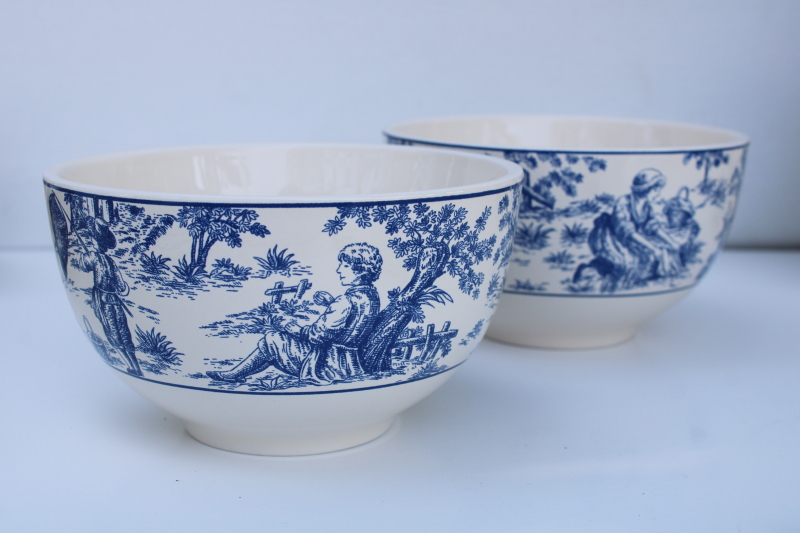 photo of new w/ labels Waverly blue toile print bowls, charmed rustic country life scenes  #2