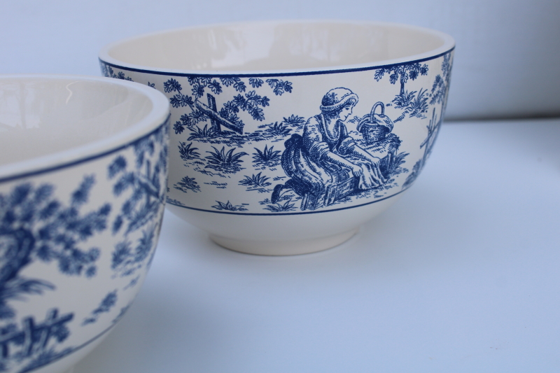 photo of new w/ labels Waverly blue toile print bowls, charmed rustic country life scenes  #3