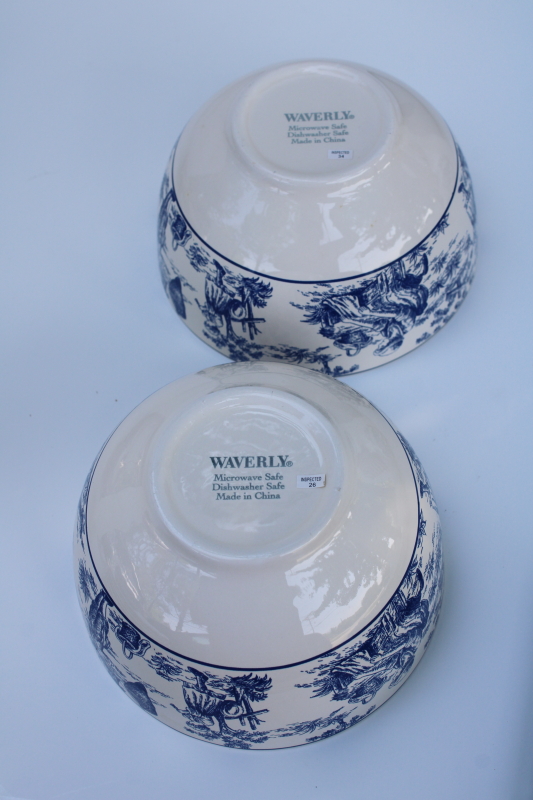 photo of new w/ labels Waverly blue toile print bowls, charmed rustic country life scenes  #5