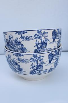 catalog photo of new w/ labels Waverly blue toile print bowls, charmed rustic country life scenes 