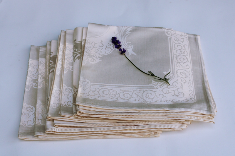 photo of new w/ labels vintage cotton rayon damask napkins, scroll border pattern ivory damask table linens set #1