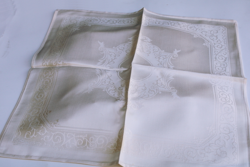 photo of new w/ labels vintage cotton rayon damask napkins, scroll border pattern ivory damask table linens set  #3