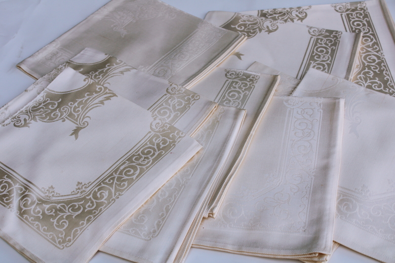 photo of new w/ labels vintage cotton rayon damask napkins, scroll border pattern ivory damask table linens set  #7