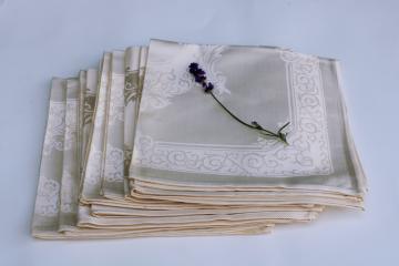 new w/ labels vintage cotton rayon damask napkins, scroll border pattern ivory damask table linens set 